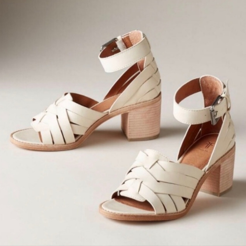 Frye Bianca Huarache Sandals Cream Leather Block Heel Size 9.5